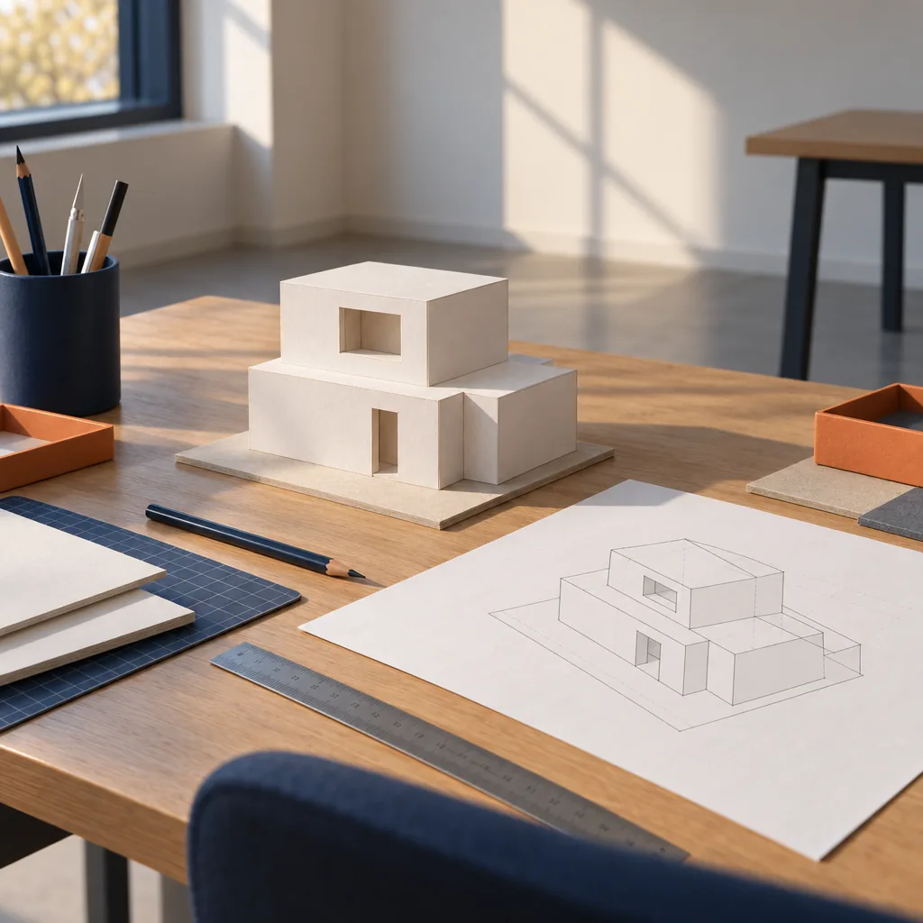 Illustration of an angled technical drawing on a drafting table