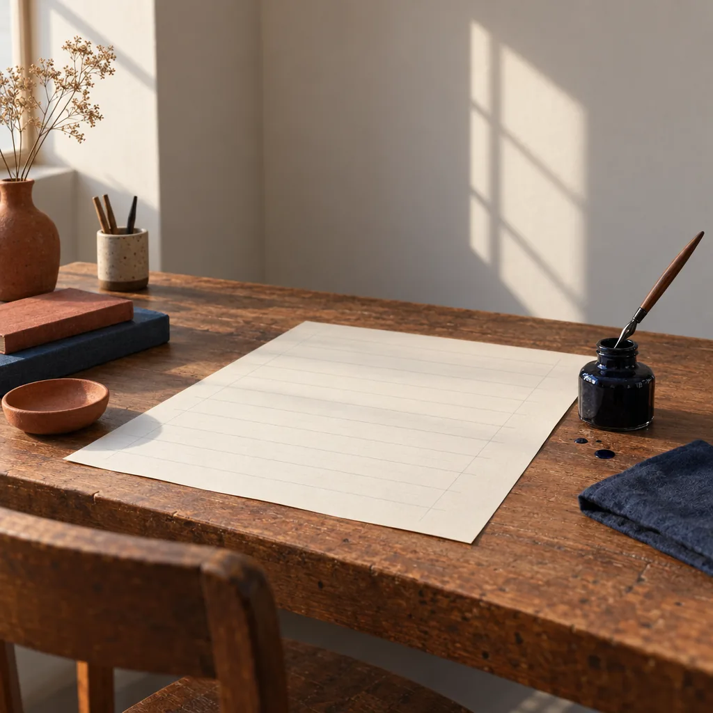 Illustration of calligraphy guide sheets with a dip pen and ink