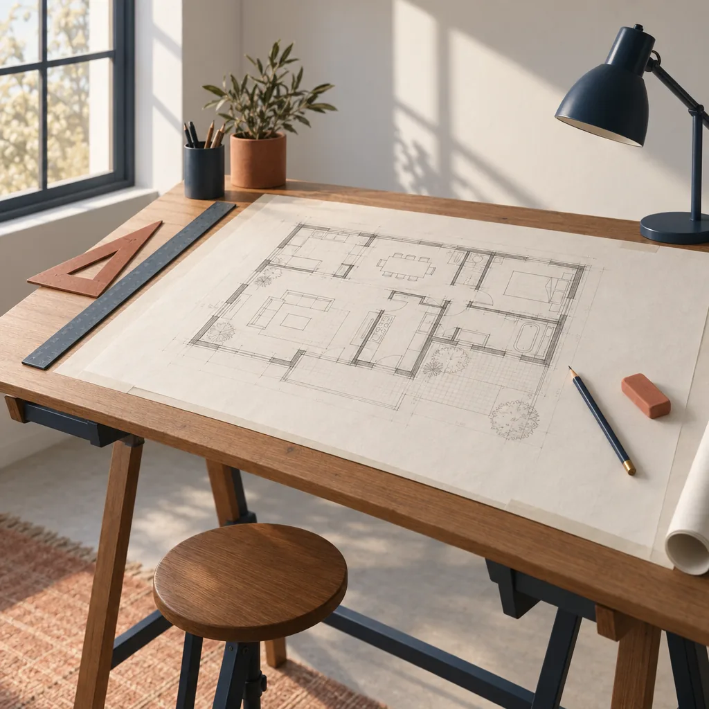 Illustration of a floor-plan sketch with a scale ruler on a drafting table