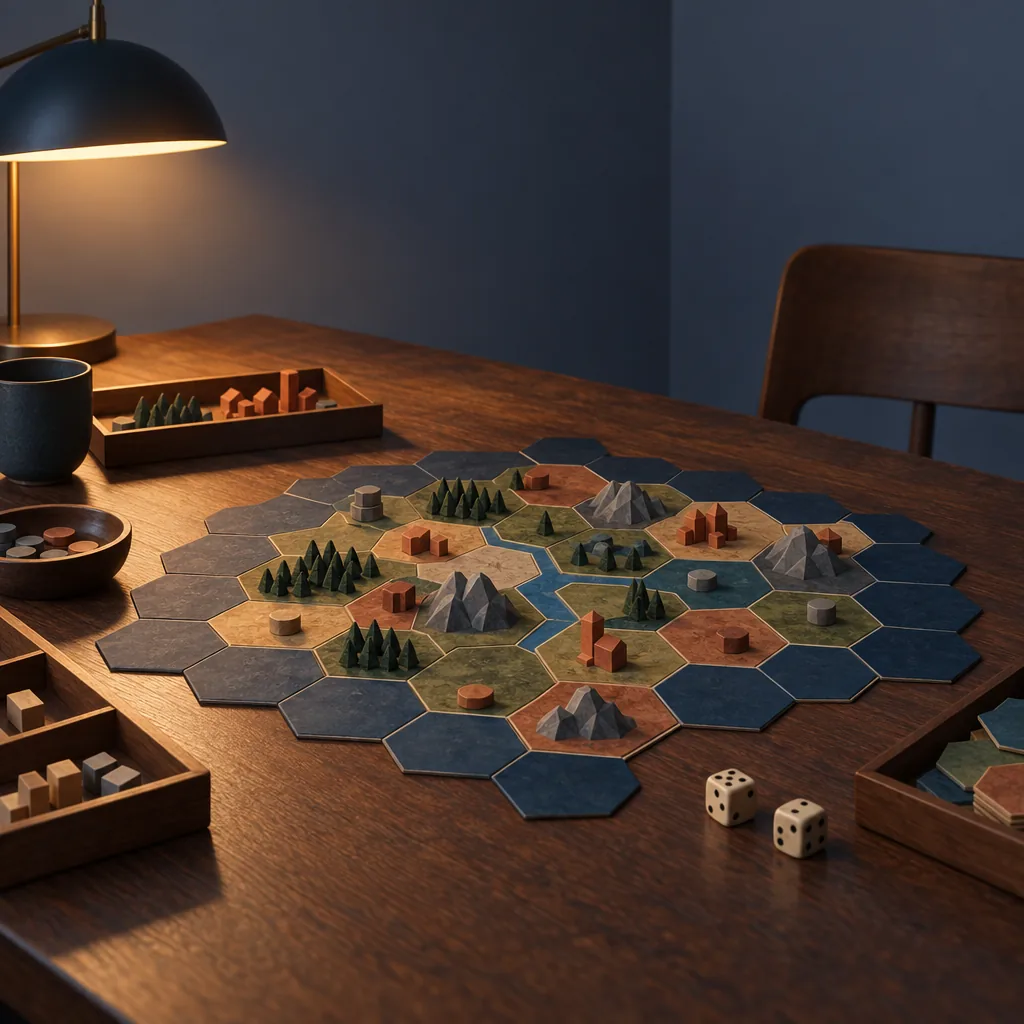 Illustration of a hex-grid map sketch with pencils on a tabletop