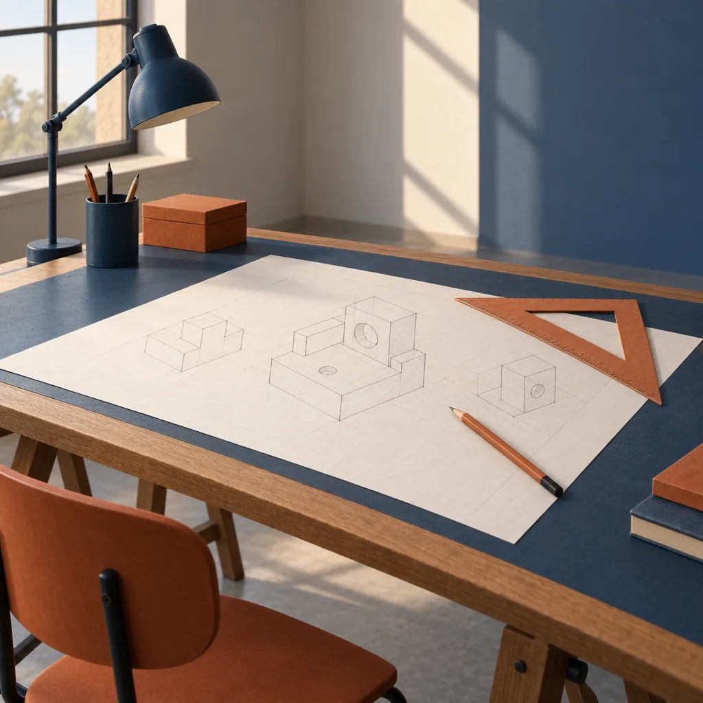 Illustration of a drafting desk with an isometric sketch in progress