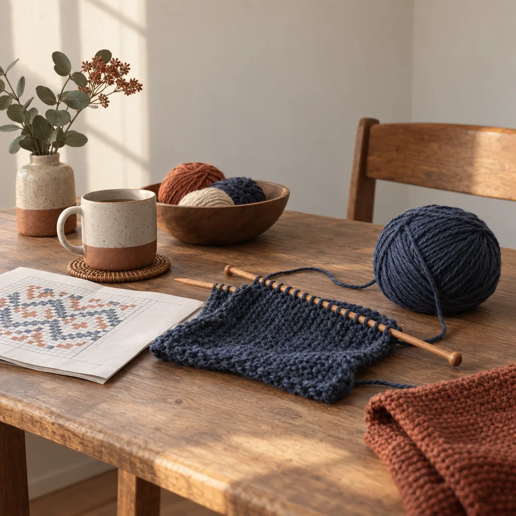 Illustration of a knitting chart and yarn on a craft table