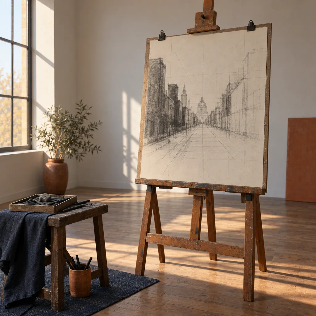 Illustration of a hand-drawn perspective sketch with vanishing-point guide lines