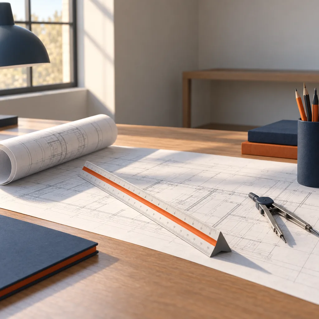 Illustration of an architect's scale ruler laid across a floor-plan drawing