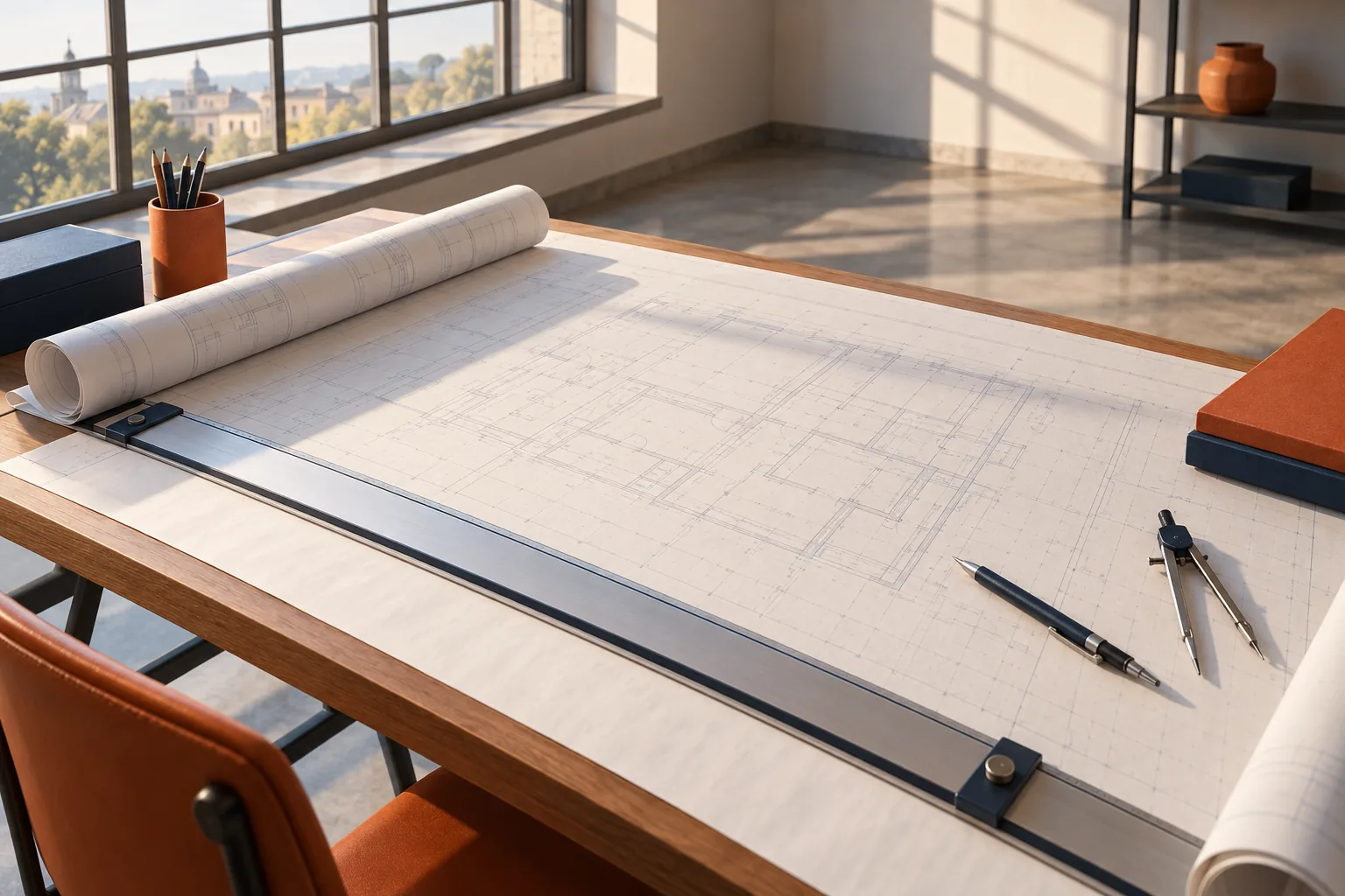 Illustration of a drafting desk with an isometric sketch in progress
