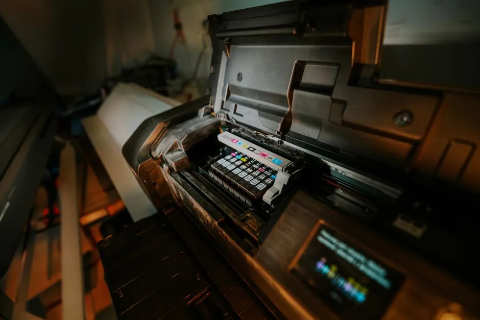 Close-up of a desktop inkjet printer with the paper tray open, illustrative photo of home printing