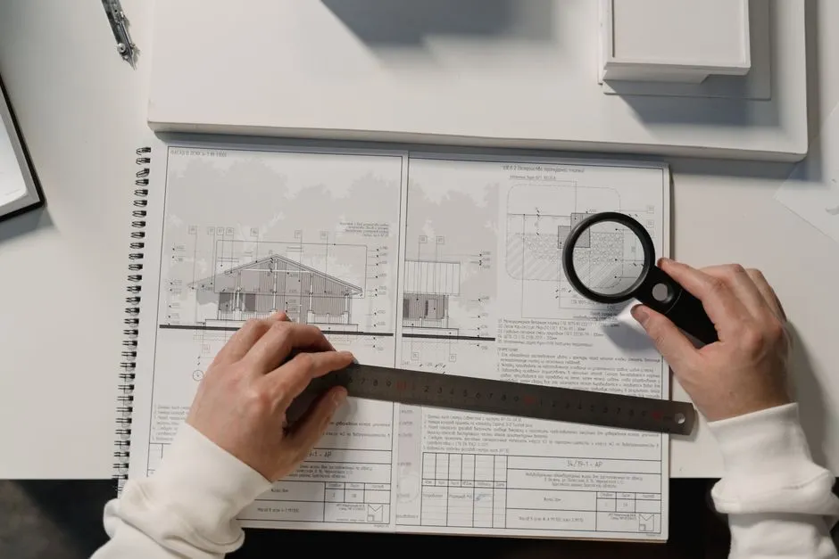 Hands holding a ruler and magnifying glass over an architectural drawing, illustrative photo of technical drafting